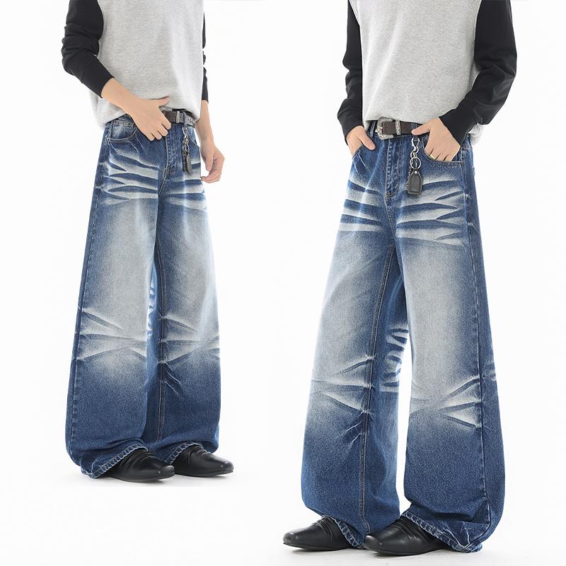 Retro Washed Workwear Jeans, Men's Wide Leg Pants, Straight Leg Pants