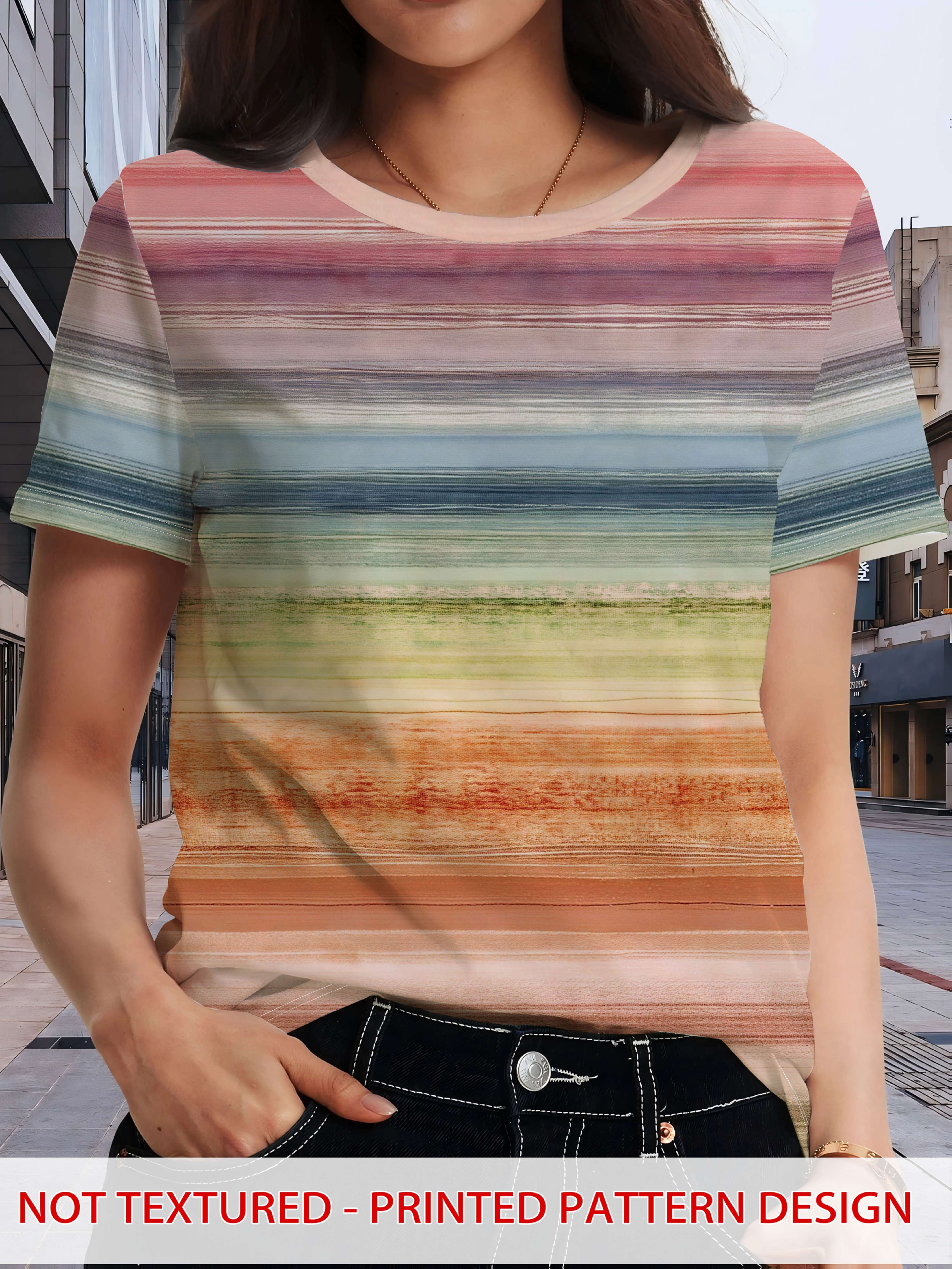 

Women s gradient rainbow stripe printed short-sleeved T-shirt, suitable for daily, sports and leisure wear XXS