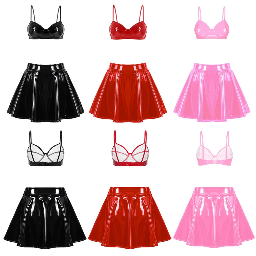 Womens Wet Look Patent Leather Set Wire-free Bra Top with Zipper Flared Skirt for Lingerie Night Club
