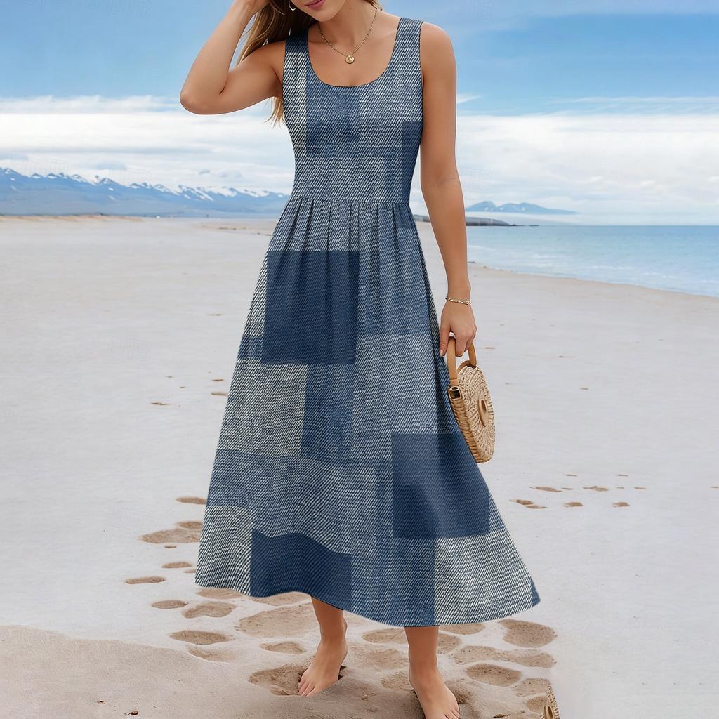 Ladies' Checkered Summer Casual and Fashionable Sleeveless Long Dress