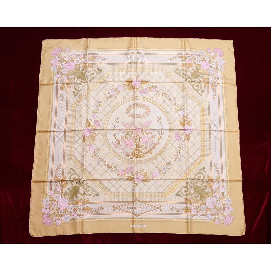 Used HERMES Carre 90 scarf JEUX DE PAILLE beige straw play floral wreath bird