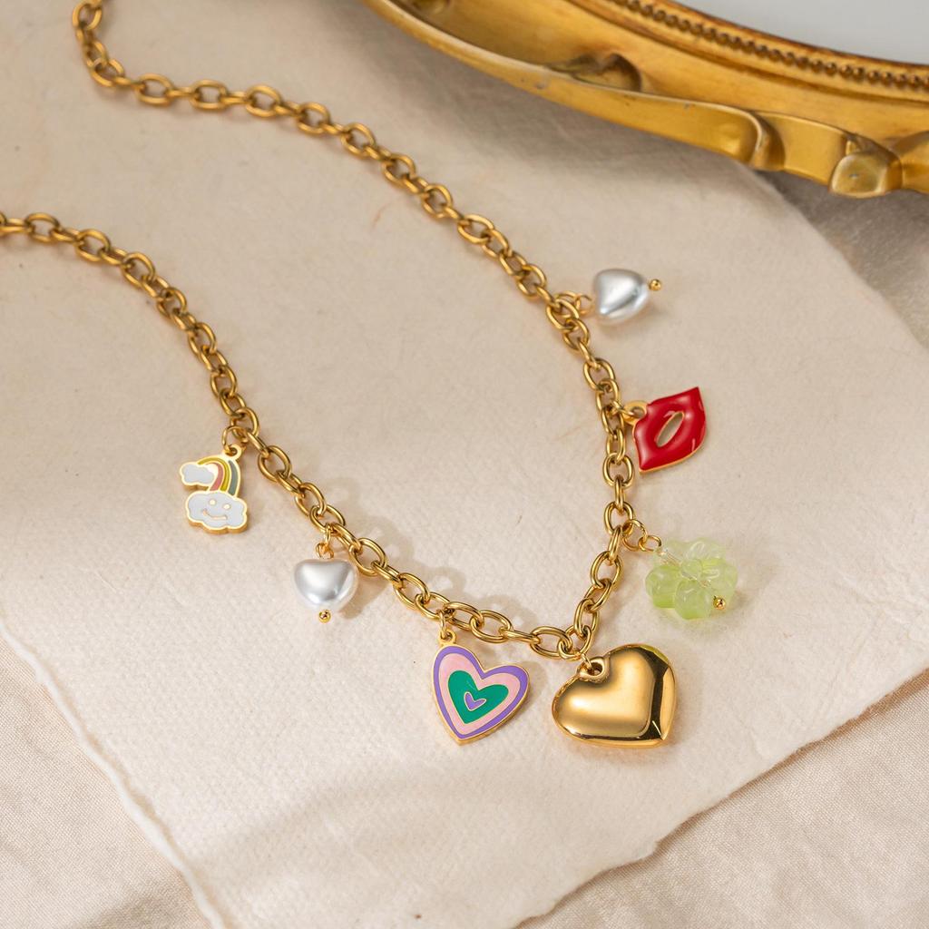 18K Gold Plated Stainless Steel Heart, Lips, and Flower Pendant Necklace for Women