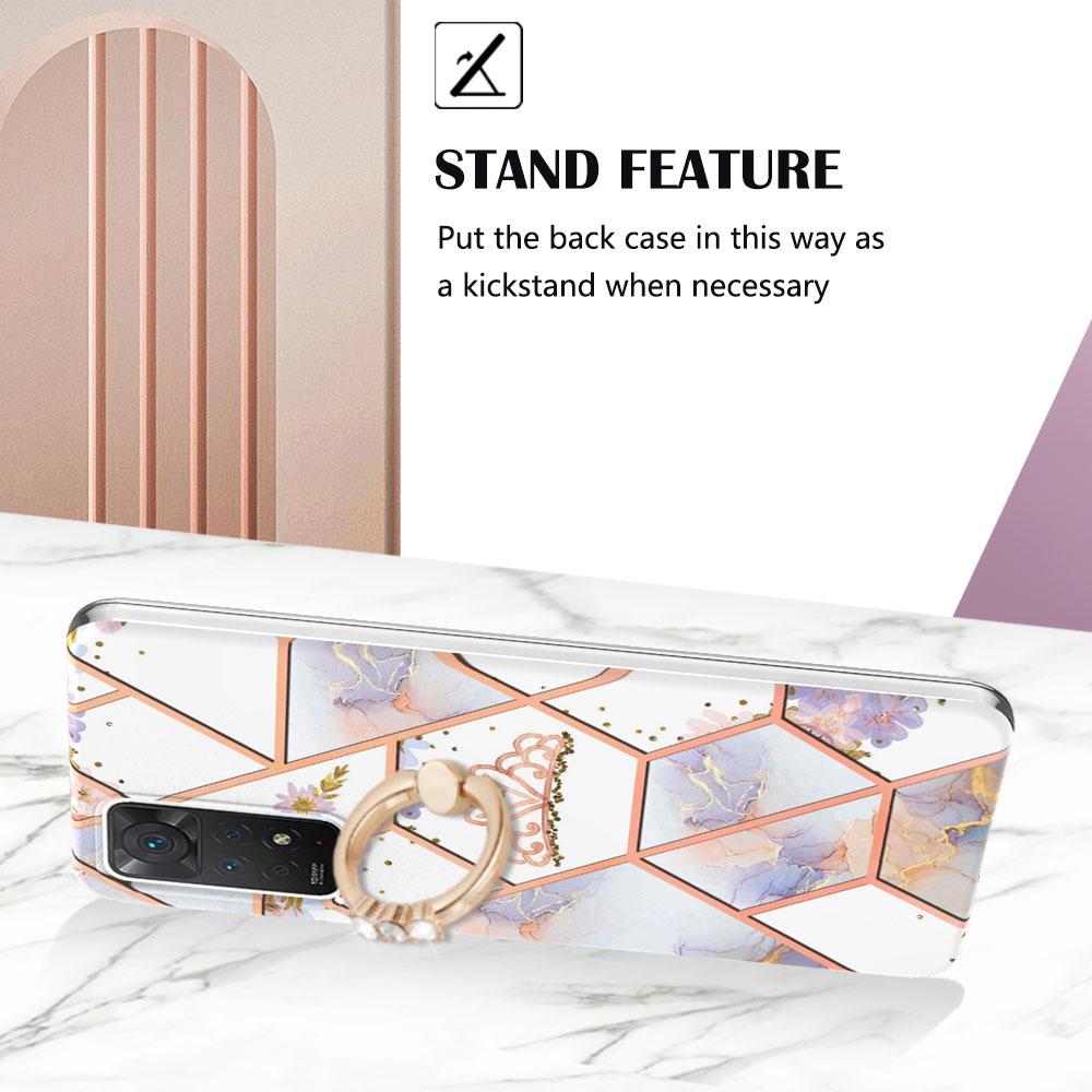 Ring Bracket Golden Border Grid Marble Flower IMD Ultrathin Phone Case for Xiaomi Redmi Note 11S,Note 12 Pro 4G,Xiaomi 11T,Redmi 10,Poco X3 NFC...
