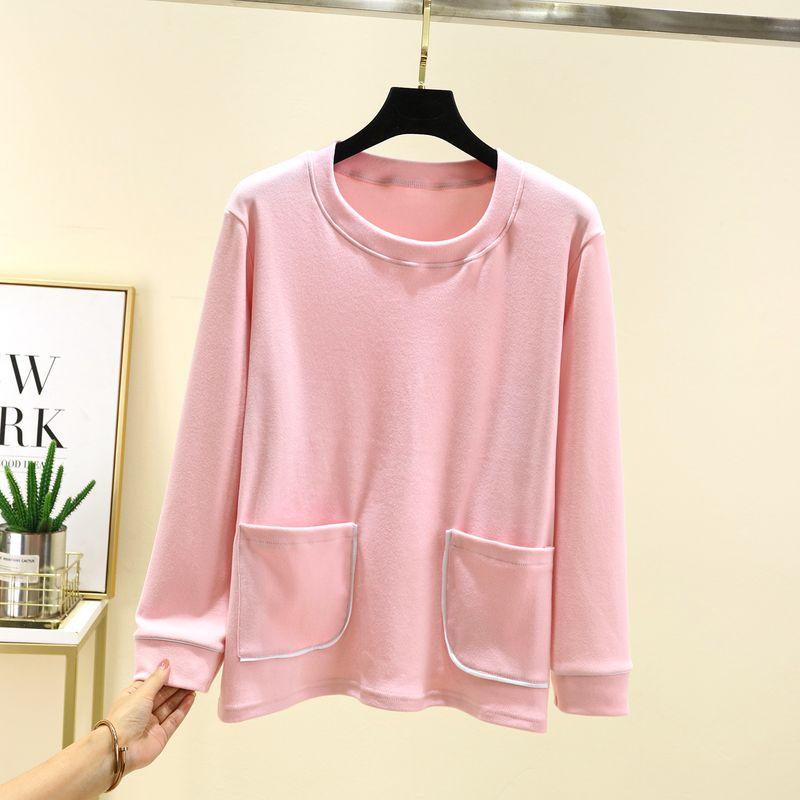 round Neck Dralon Warm Long Sleeve T-shirt Winter Thickened Casual Bottoming Shirt Double-Sided Brushed Plus Size Homewear Tops