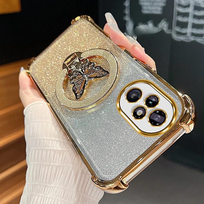 Honor200 Glitter Butterfly Holder Plating Silicone Case For Huawei Honor 200 300 100 90 70 50 Pro Shockproof Cover Honor200pro
