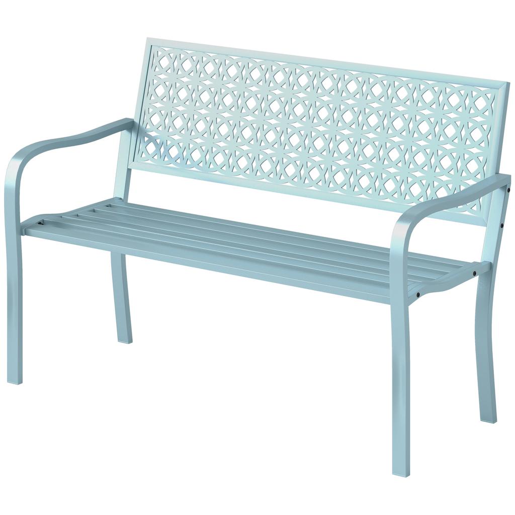 Outdoor Bench, Garden Bench Made of Steel, Cut-Out Backrest, Armrests, for 2 People, Blue