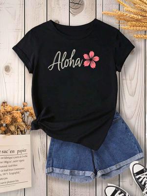 WomenS Hawaiian Aloha with Pink Floral Accen Harajuku Short Sleeve Casual Tshirt Clothing Street Tops Tees Aesthetic Clothes