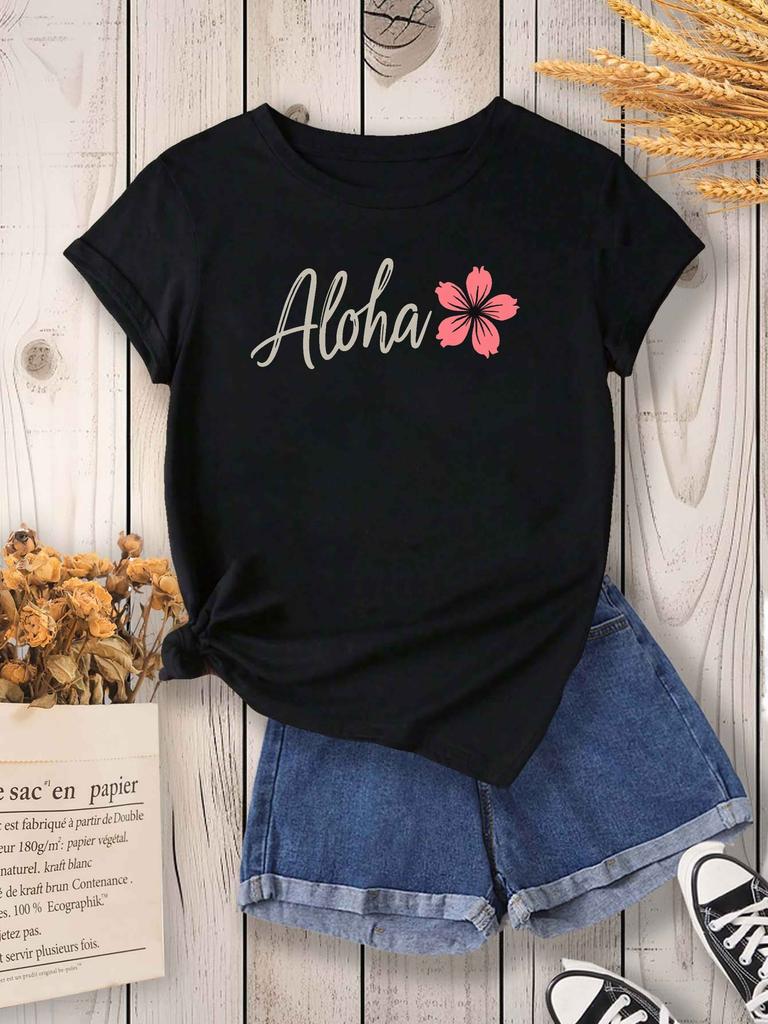 Damen Hawaiien Aloha mit Rosa Blumendekor Harajuku Kurzarm Lässiges T-Shirt Kleidung Street Tops T-Shirts Ästhetische Kleidung