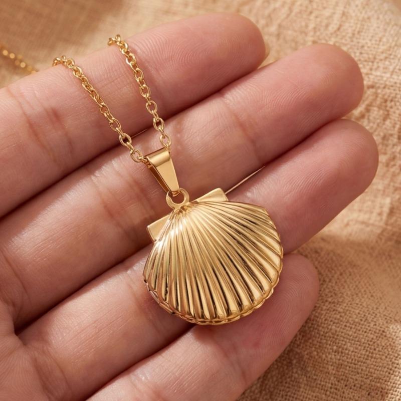 Stainless Steel Shell Heart Locket Necklace Silver Gold Tone For Women