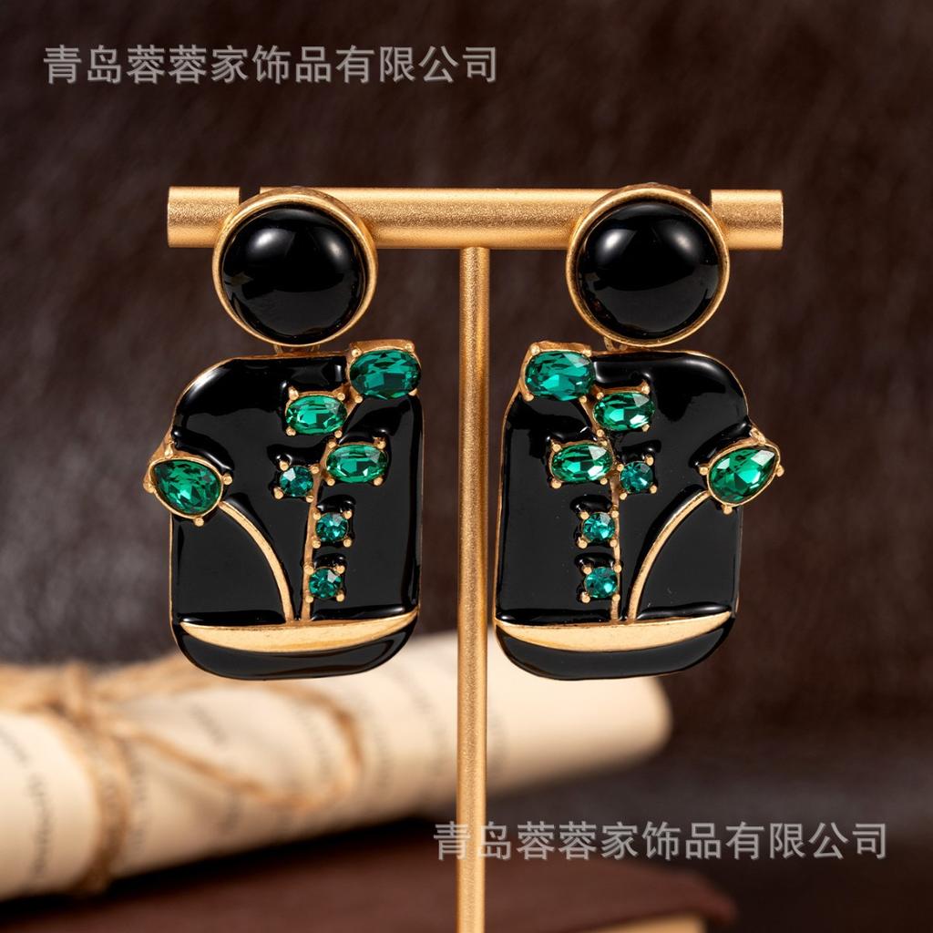 Medieval jewelry new Chinese enamel dripping oil colored treasure relief flower geometric stud earrings retro national style high sense earrings