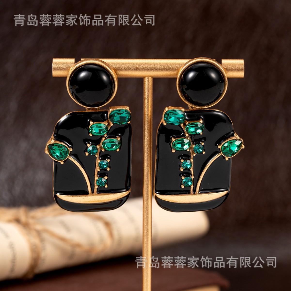 Vintage Chinese Style Enamel Drip Painted Treasure Relief Flower Geometric Earrings Retro High-end