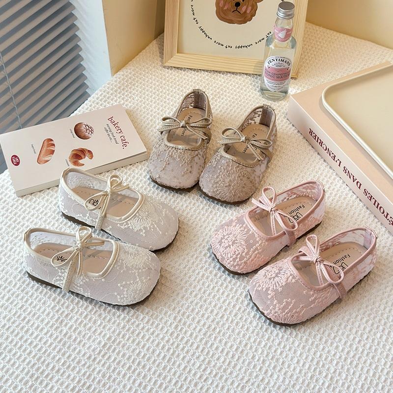 Breathable Lace Mesh Flat Shoes For Girls With Bow Spring Summer Children's Shoes Stylish Comfortable Girls Flats