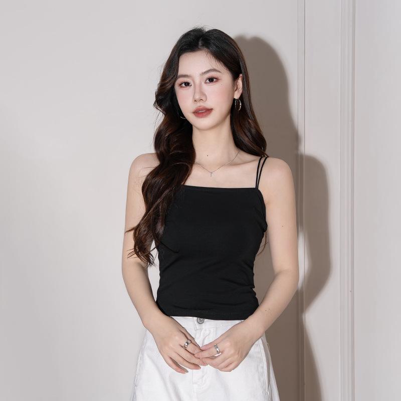 Black Slim-Fit One-Shoulder Tank Top - Double Strap, Covers Armpit Fat, Versatile for Spring/Summer 2026