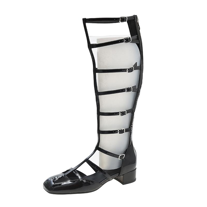 Módní přezkové gladiátorky dámské sandály na vysokém podpatku vysoké ke koleni dámské letní boty na zip černá kůže