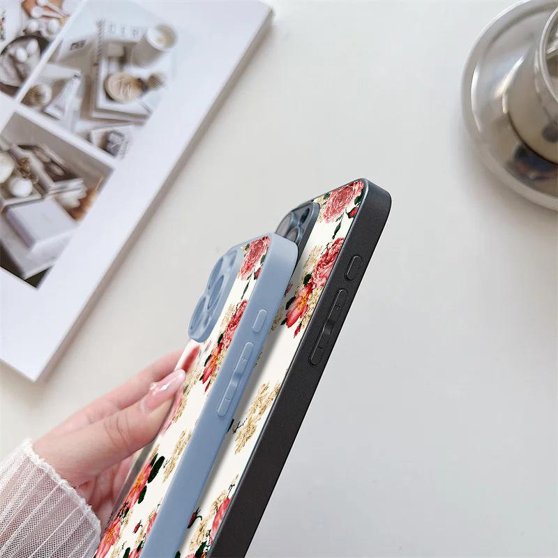 Applicable iPhone17ProMax Spring Flowers Metallic Lacquer Glass Mobile Phone Protective Case 17 All Inclusive 15 Fine Holes 16