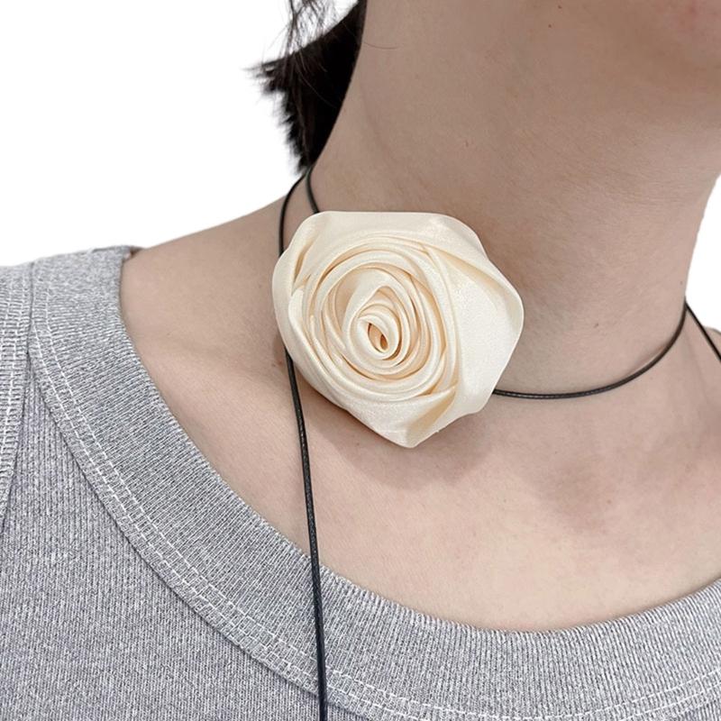 Fashion Silk Rose Flower Choker Necklace Long Lace-up Choker Temperament Neckband Jewelry Clavicle Chain Necklace