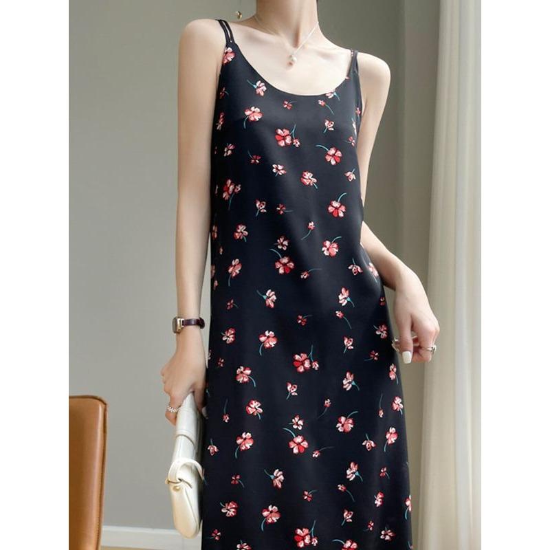 Acetate Satin Floral Suspender Skirt for Women In Summer New Tulip U-neck Mid-length Dress Light Luxury Elegant Skirt