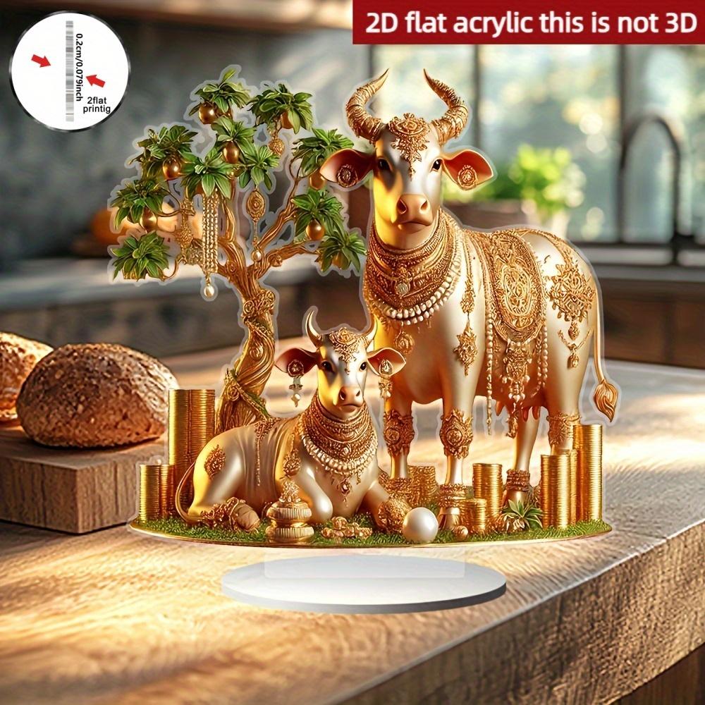 2D Flat Acrylic Statue, Boho Style Cow & Calf With Stand, Tabletop Decor For Home Office Cafe, Unique Animal Collectible