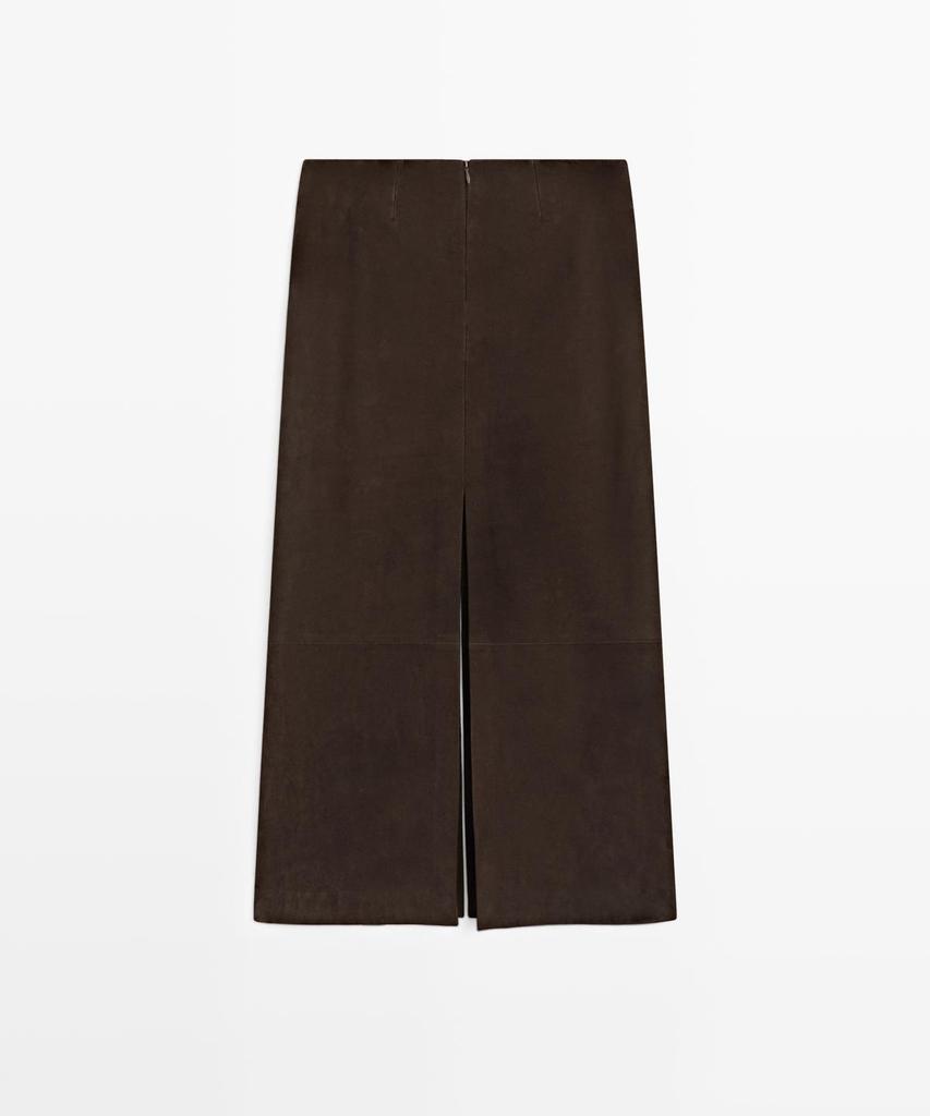 Masimodutti Straight Nubuck Leather Midi Skirt
