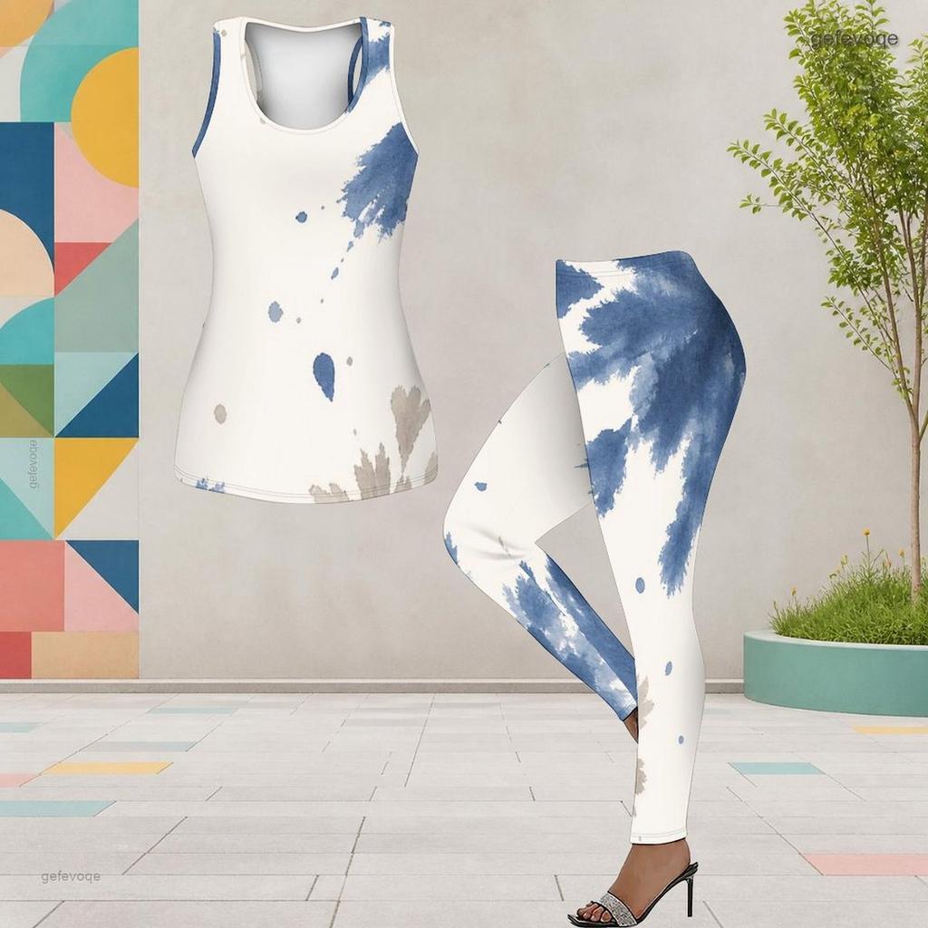 Women Plus Size Two Piece Set Scoop Neck Sleeveless Longline Tank Top Fitted Pants Blue White Printed