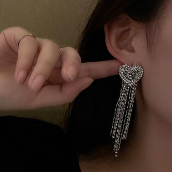 1 Pair Women Dangle Earrings Heart Rhinestone Jewelry All Match Tassels Stud Earrings