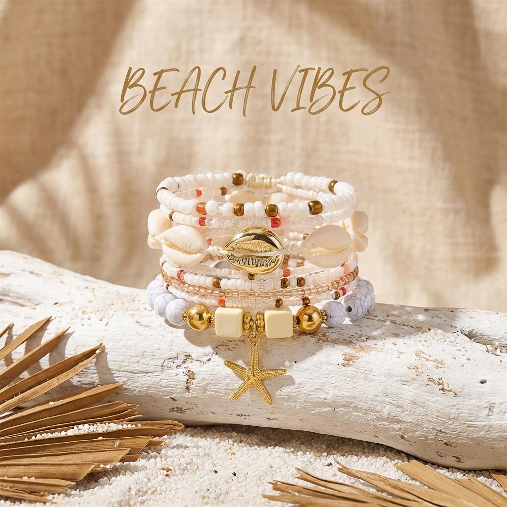 Bohemian Multilayer Shell Starfish Bracelets for Women Summer Beach Elastic Beaded Anklet Bracelet Set Vacation Jewelry Gift