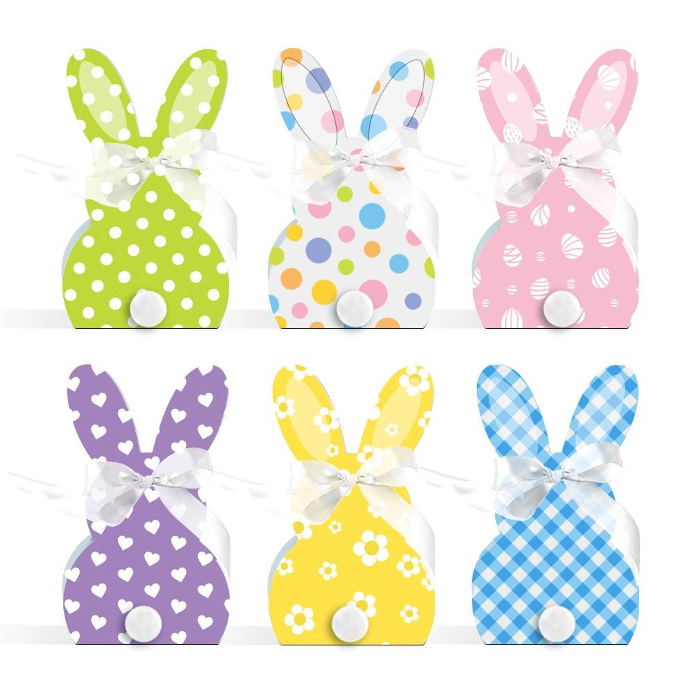 

24PCS Multicolor Easter Gift Boxes Cartoon Bunny Paper Rabbit Ear Candy Basket Colorful Dots Silk Bowknot Packing Box 5x5x5cm