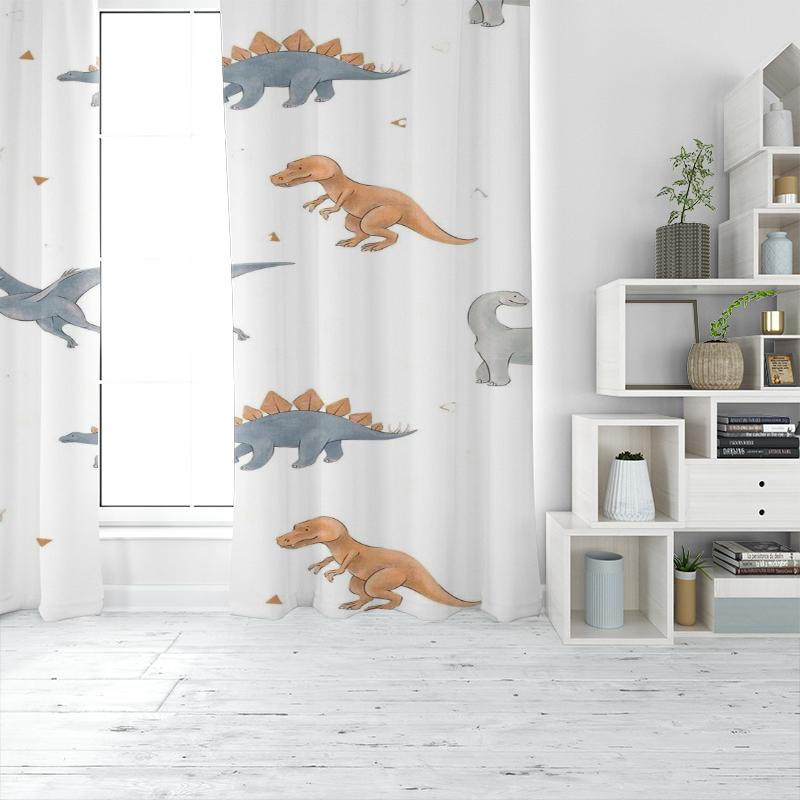 White Children's Cartoon Dinosaur Print Curtains -100% Polyester -2 Sheets for Bedroom Curtains and Living Room Decor.