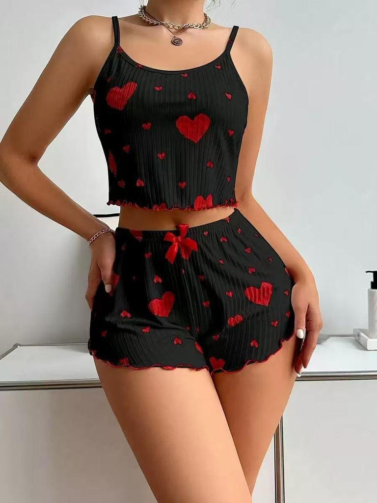 European and American Style Heart Print Sleepwear Set - Comfort-Fit Camisole and Ribbed Shorts