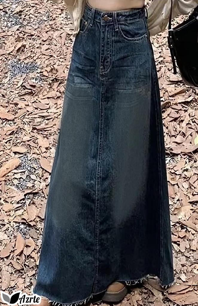 Azulte Denim Daily Long Size L Skirt, Casual, Trendy, All-Season, Vintage-Style, Leg-Lengthening, Casual, Wear, Maxi, Distressed, High-Waist, 310,