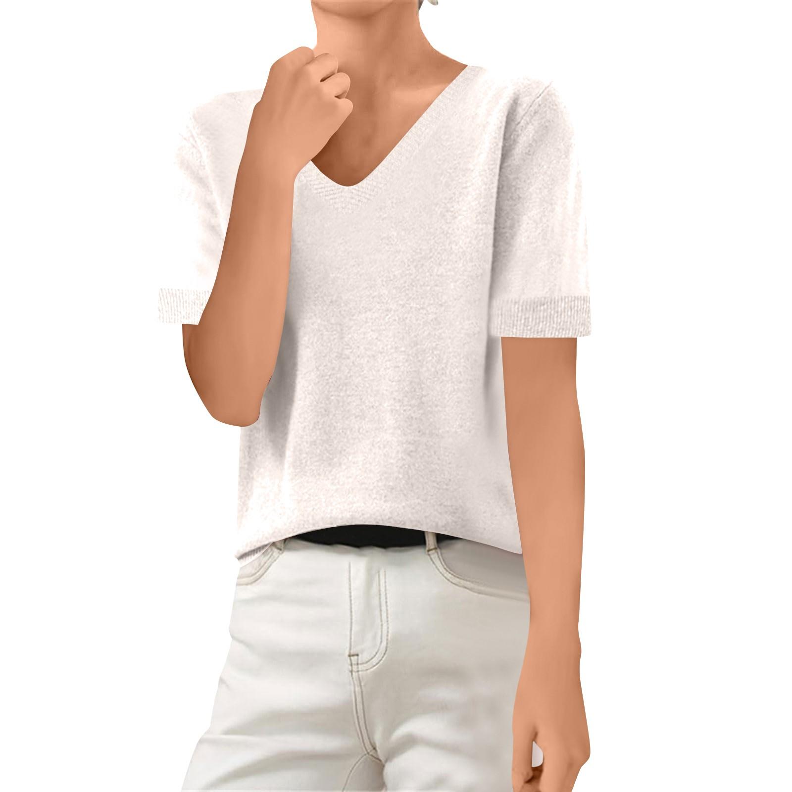 

Женская мода свитер с короткими рукавами свитер футболка топ с V-образным вырезом XL белый