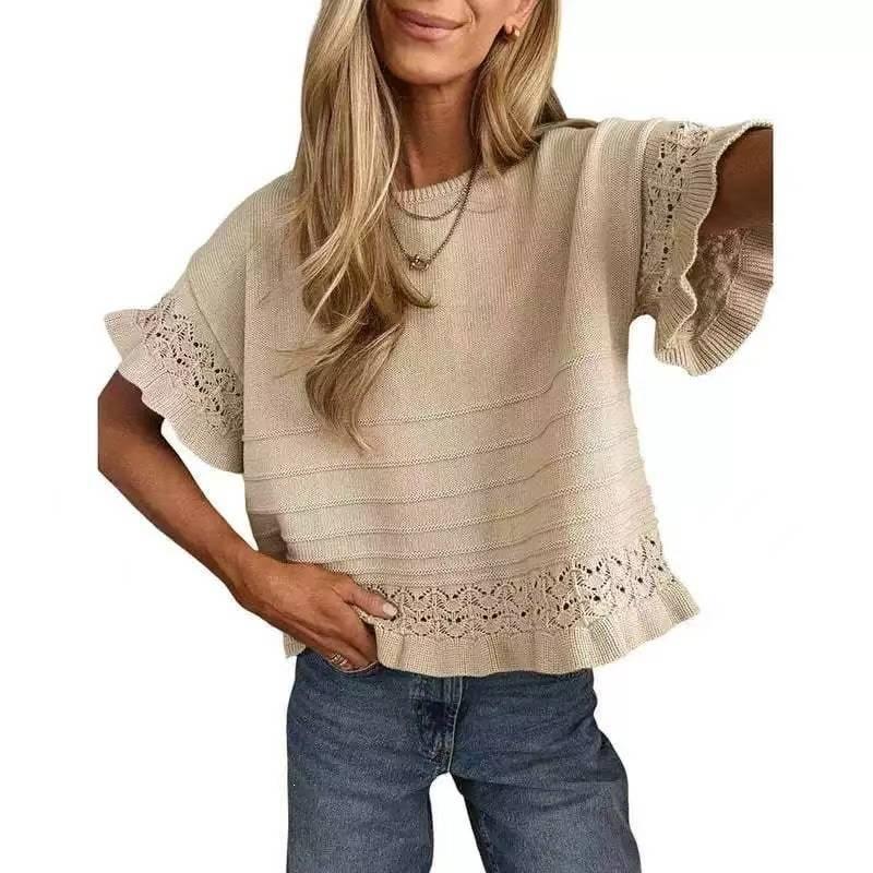 Women s Crew Neck Hollow Knit Short Sleeve Sweater Ruffle Hem Loose Pullover Knit Top For Spring Summer Casual Wear S