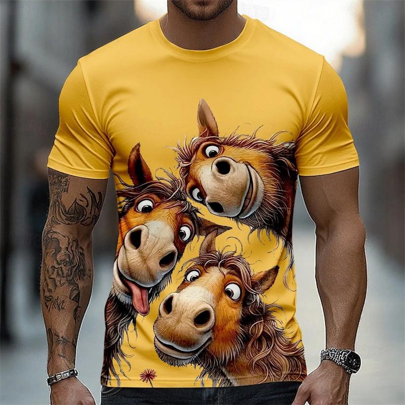 Cartoon Anime Horse Graphic T-shirt For Men Funny Casual 3D Animal Print O-neck Breathable Tee Shirts Summer Daily Leisure Tops