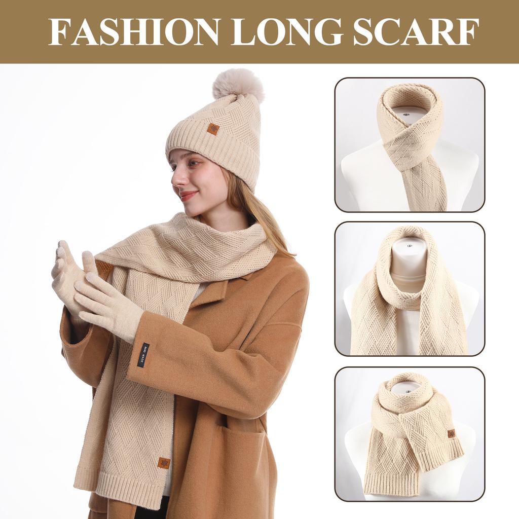 Knitted Hat, Scarf and Gloves Three-piece Set for Women, Autumn and Winter Outdoor Warm Double-layer Wool Knitted Hat