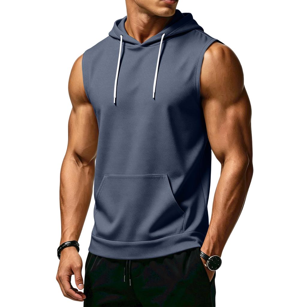 Men's Sleeveless Hoodie Casual Sportswear Muscle Fit Wide Shoulder Drawstring Hooded Pocket Tank Top