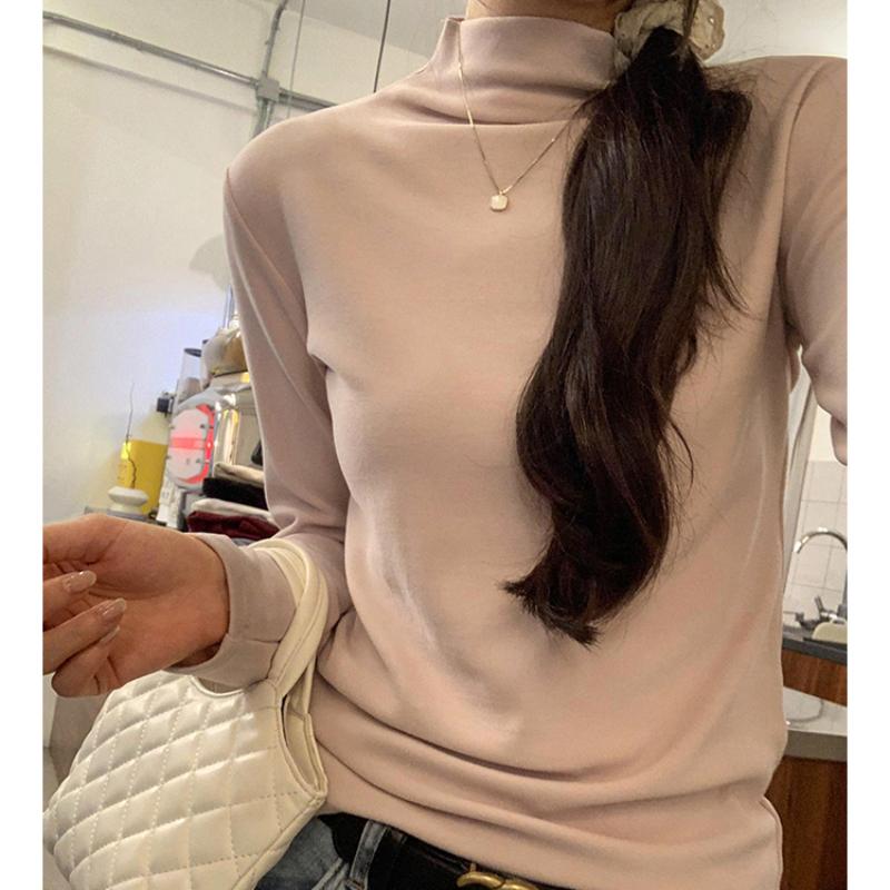 Autumn Basic Long Sleeve Slim Fit Casual T-shirt for Women Fashion Solid Simple Winter Ladies T Shirt Elegant Half High Collar Woman Tee Tops 25666