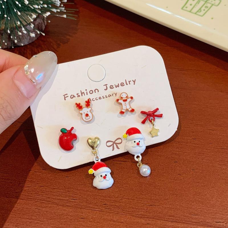 3Pairs Cute Cartoon Christmas Earring Set Kawaii Santa Claus Bell Elk Festival Red Earring  Jewelry Accessories Gifts