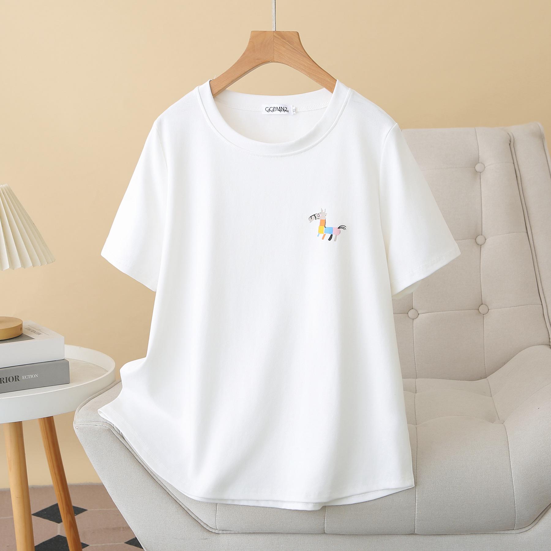 

2026 Summer Plus Size Women s Cartoon Print Cotton Round Neck Short Sleeve Stretchy T-shirt XXL белый
