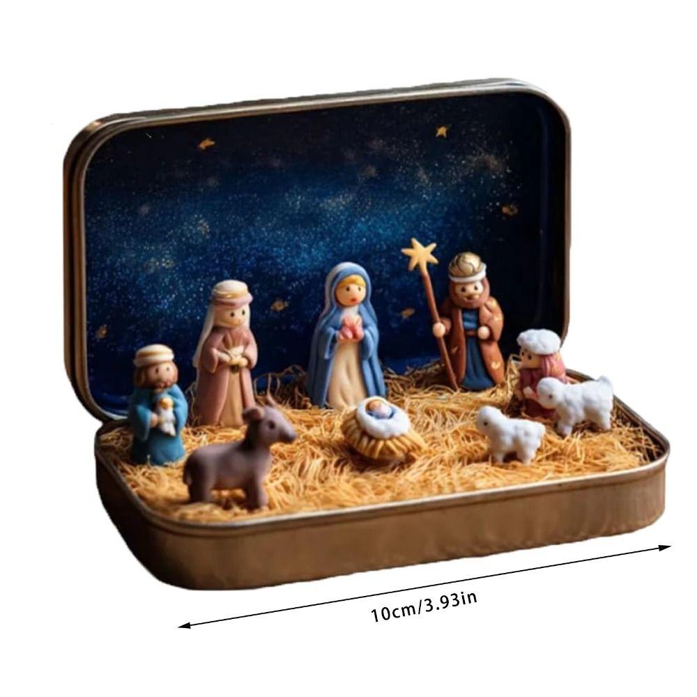 PVC Weihnachtskrippe Mini Größe Blechdose Verpackung Krippenfiguren Set Pferdetrog Design Miniatur Szene Figur