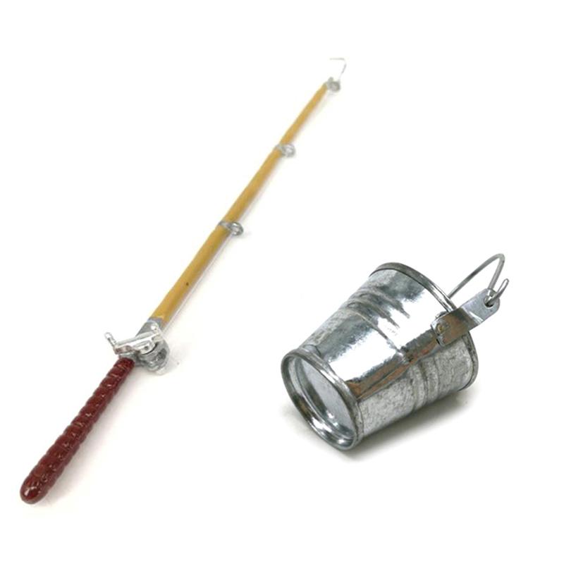 2Pcs/Set 1:12 Dollhouse Miniature Metal Fishing Rod Model + Water Bucket