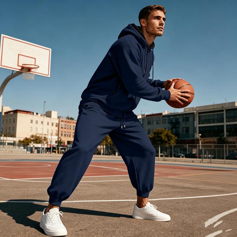 Ensemble de sport à capuche en polaire pour homme Automne Hiver Manches Longues Décontracté Fermeture éclair Thermique Confortable Respirant Vêtement d'extérieur