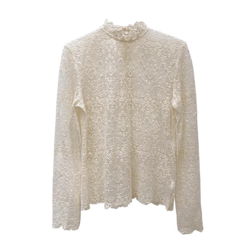 Frühling Herbst Stehkragen Spitzenbesatz T-Shirt Damen Süß Langarm Mesh Allround-Pullover Tee Top