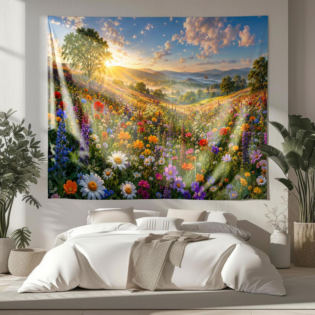 Wildflower Meadow Tapestry Colorful Flower Field Wall Hanging Mountain Sunset Landscape Cottagecore Nature Wall Decor