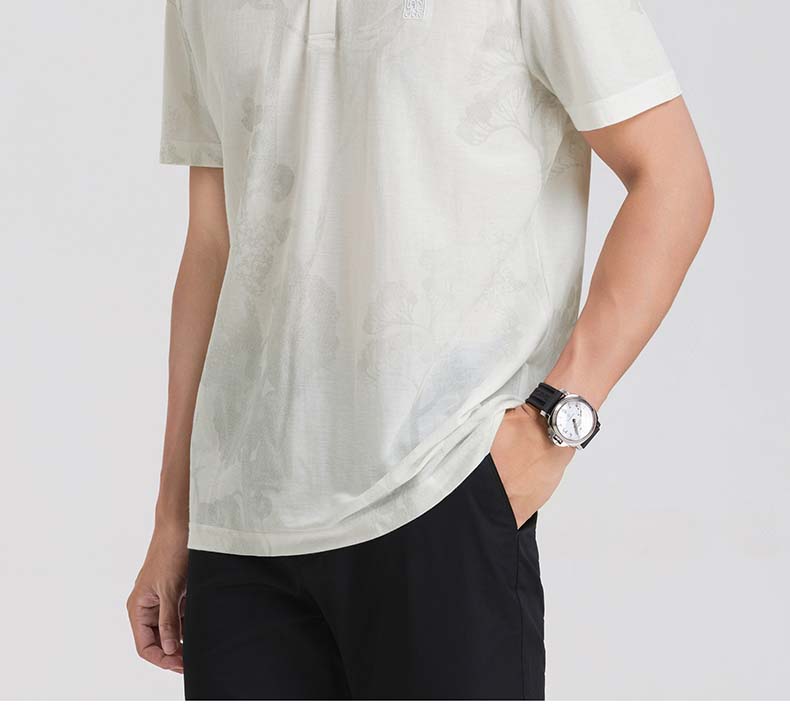 [National Style Imitation Linen Texture] Langdeng Stand Up Collar T-shirt Men's Short Sleeved Summer New Semi Open Collar Lightweight and Sweat Proof