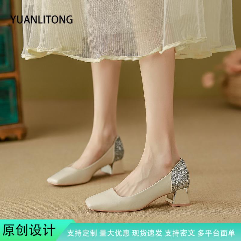 

Yuanlitong spring and summer new high heels women s thick heel high sense comfortable leather women s shoes soft sole not tired feet single shoes wom 35 бежевый