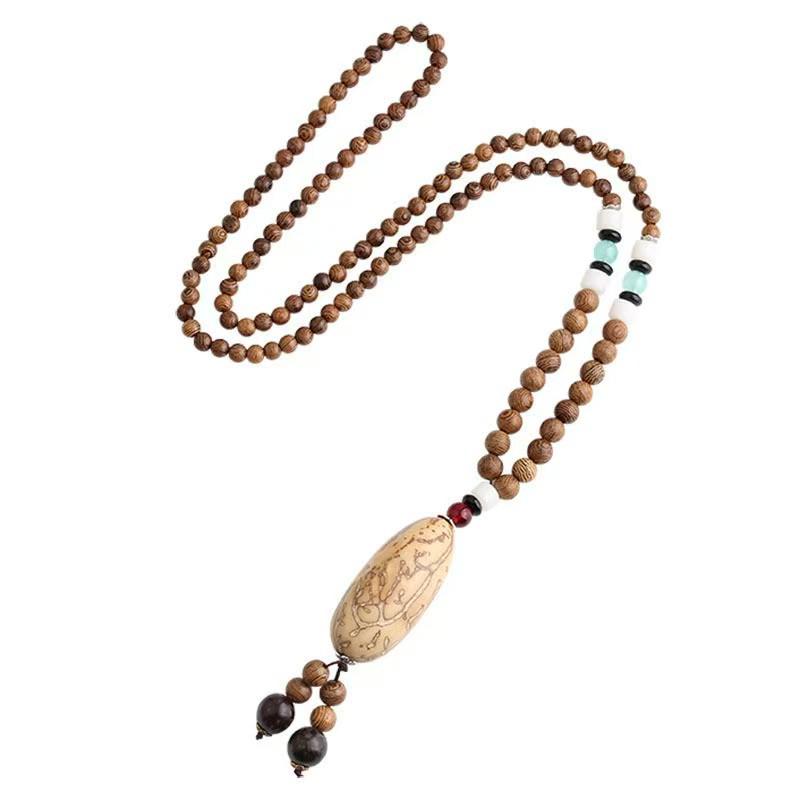 Ethnic Retro Vajra Bodhi Pendant Necklace with Wooden Beads