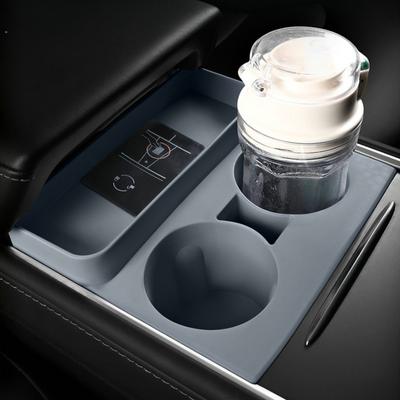 Caja de almacenamiento para portavasos de agua con control central para automóvil para Tesla modelo 3/Y, inserto de silicona antideslizante con 2 orificios y limitador de vaso de agua
