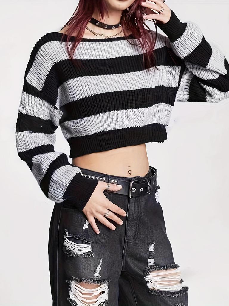 European-American Striped Long Sleeve Loose Knit Sweater for Women