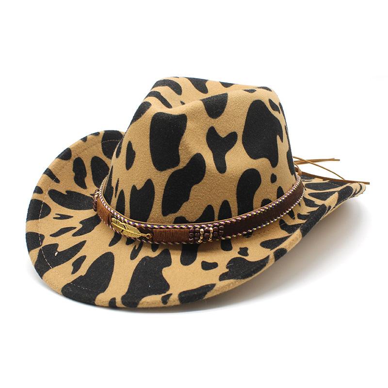 Retro Ethnic Style Wool Cow Pattern Big Eaves Wide Edge Protection Warm Western Cowboy Top Hat Men'S And Women'S Style