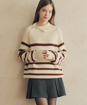 ZEROSTREET Striped Zip-Up Sweater / Ivory